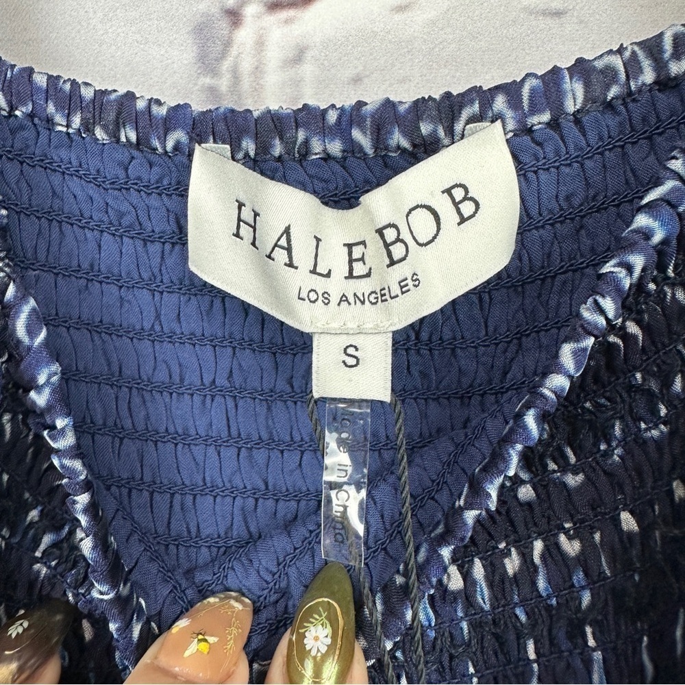 Hale Bob Ilona Silk Chiffon Maxi Dress Floral Small Navy Smocked Puff Sleeve - Picture 10 of 16